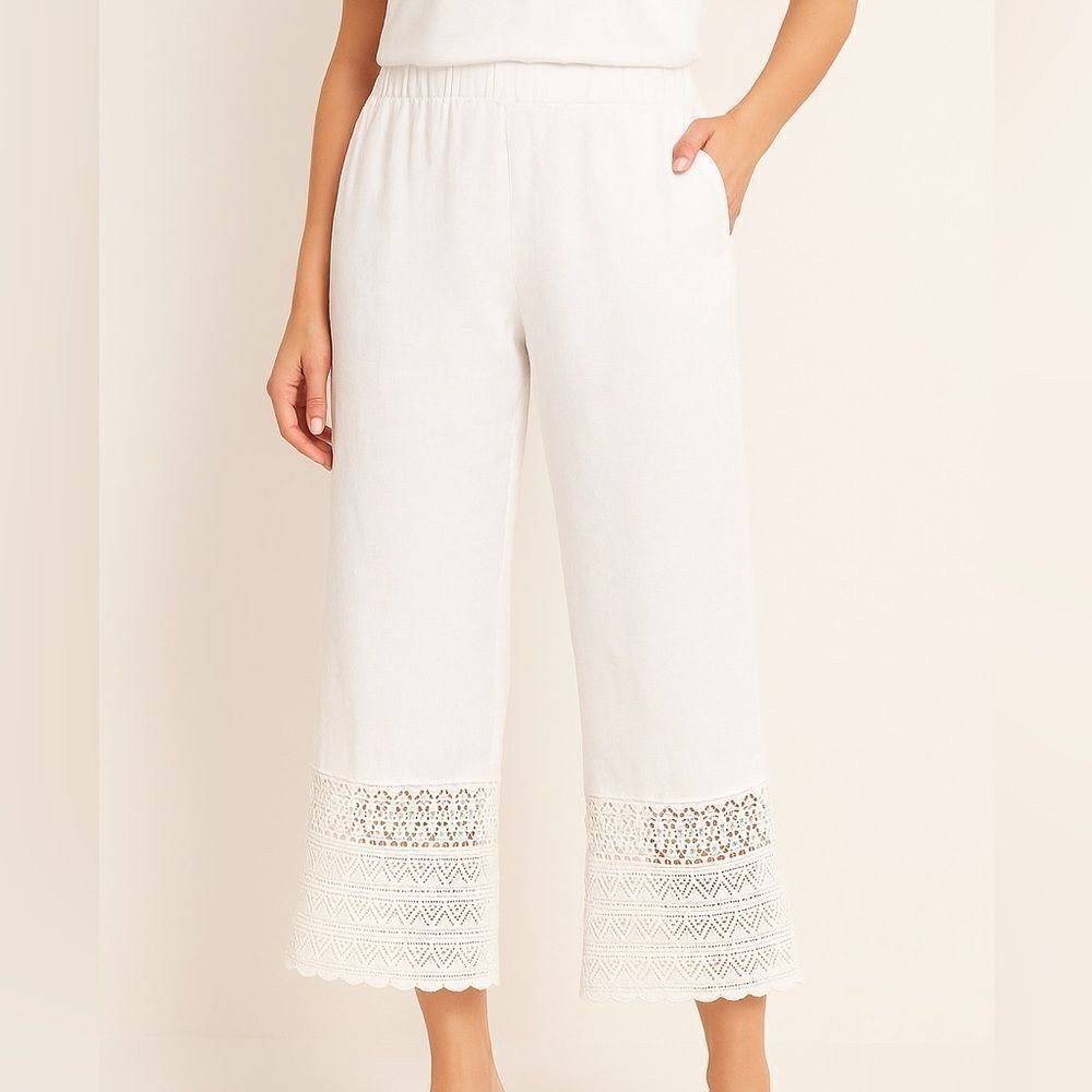 Chico’s Crochet Hem Linen Pants – Optic White – Size O (Regular)✨ 🤍